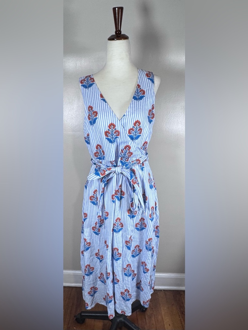 Boden Sz 8P 100% Linen Blue Stripe Floral Tie Wrap Dress Pockets Sleeveless Midi